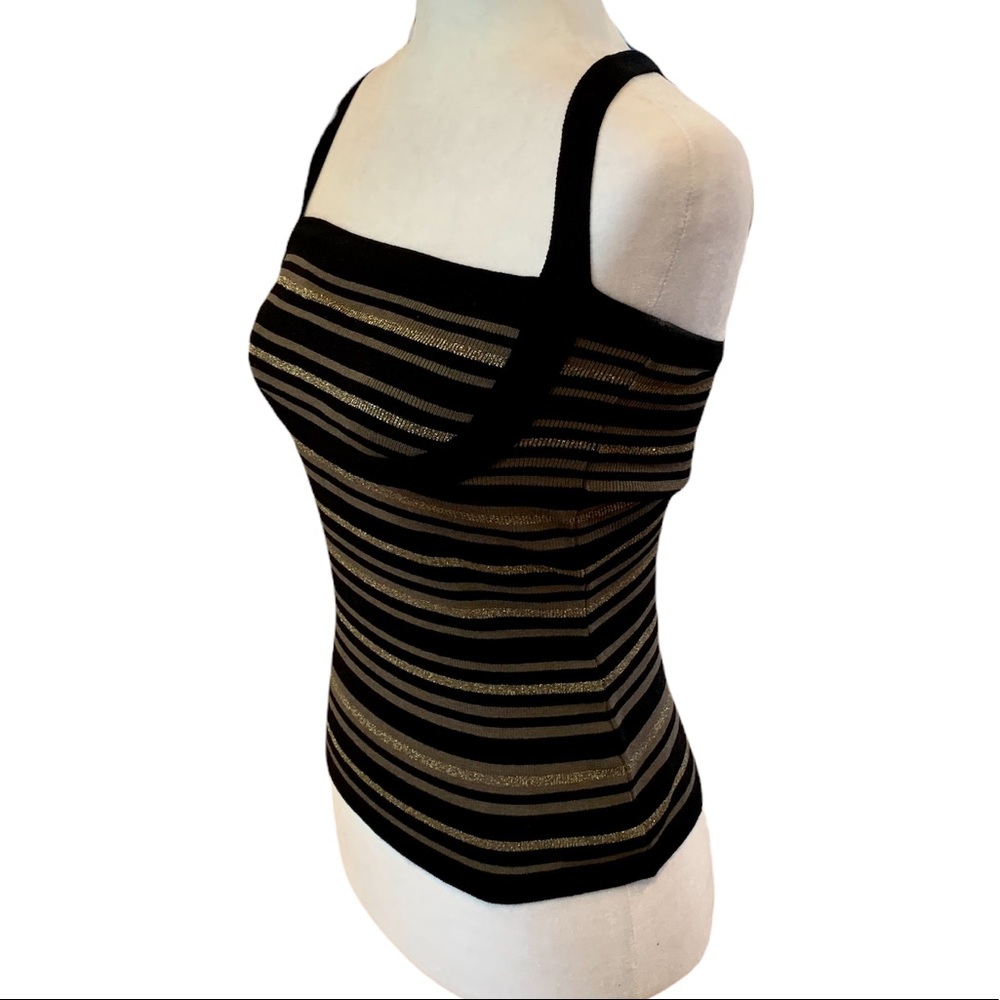 EUC Mango Suit black & gold striped tank with cross-straps in back. Sz XS.